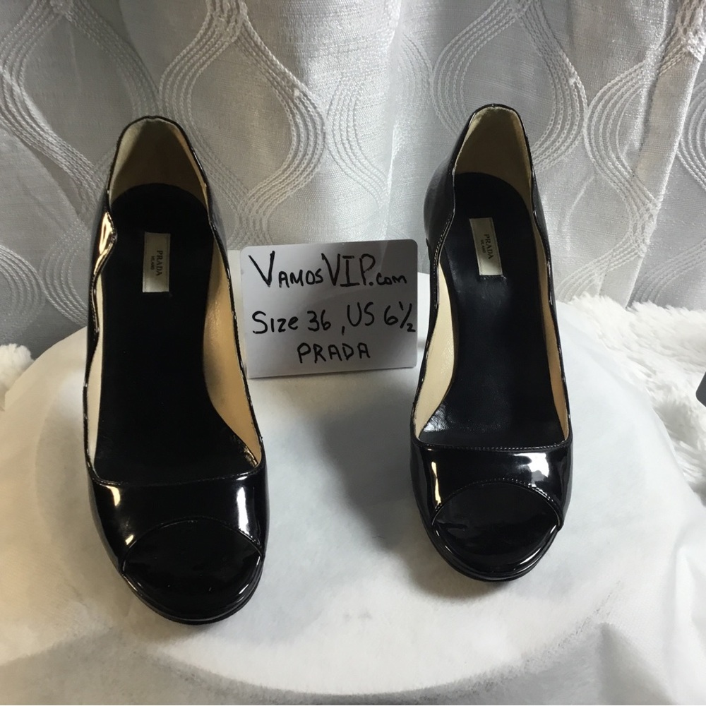 Prada Black Patent Leather Peep-Toe Heels